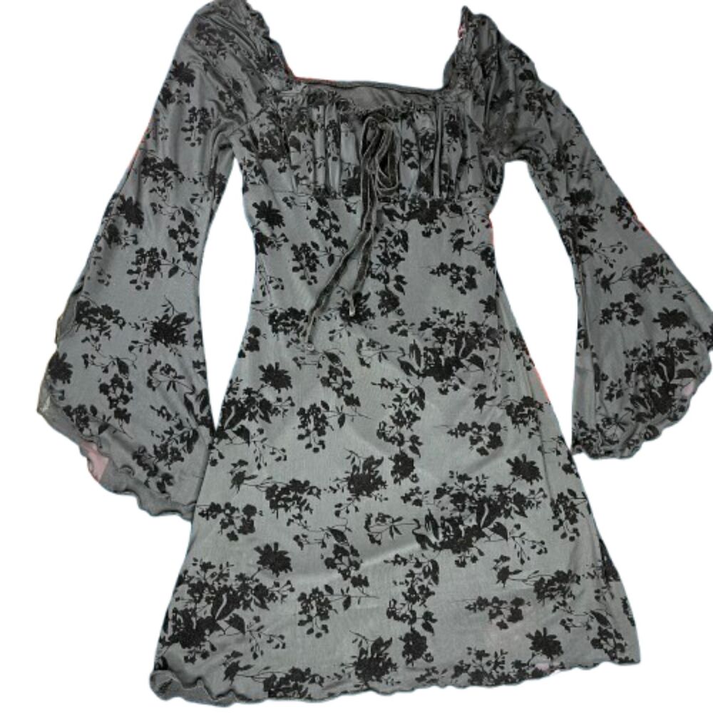 SHEIN MOD Black Romantic Floral Mesh Long Sleeve Dress Square Neck Boho Size S